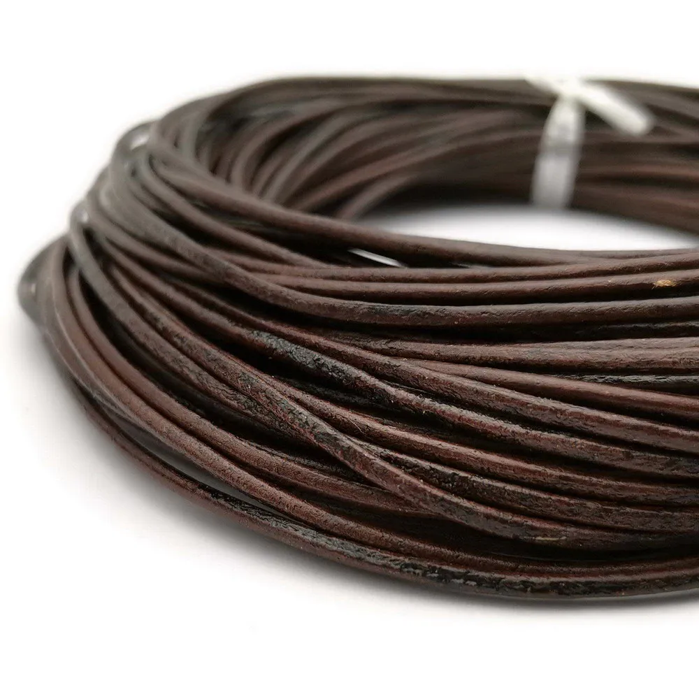 

Aaazee 5 Yards 2mm Round Genuine Cow Hide Distressed Dark Brown Leather Strands, Real Cord RLG2M232
