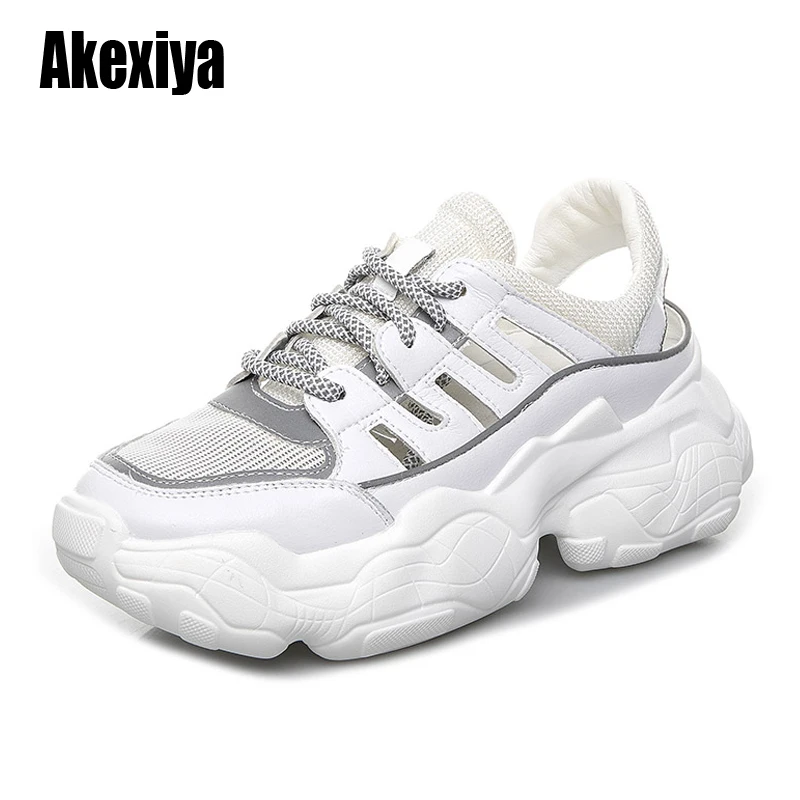 Женские кроссовки из натуральной кожи летние дышащие на массивной платформе с