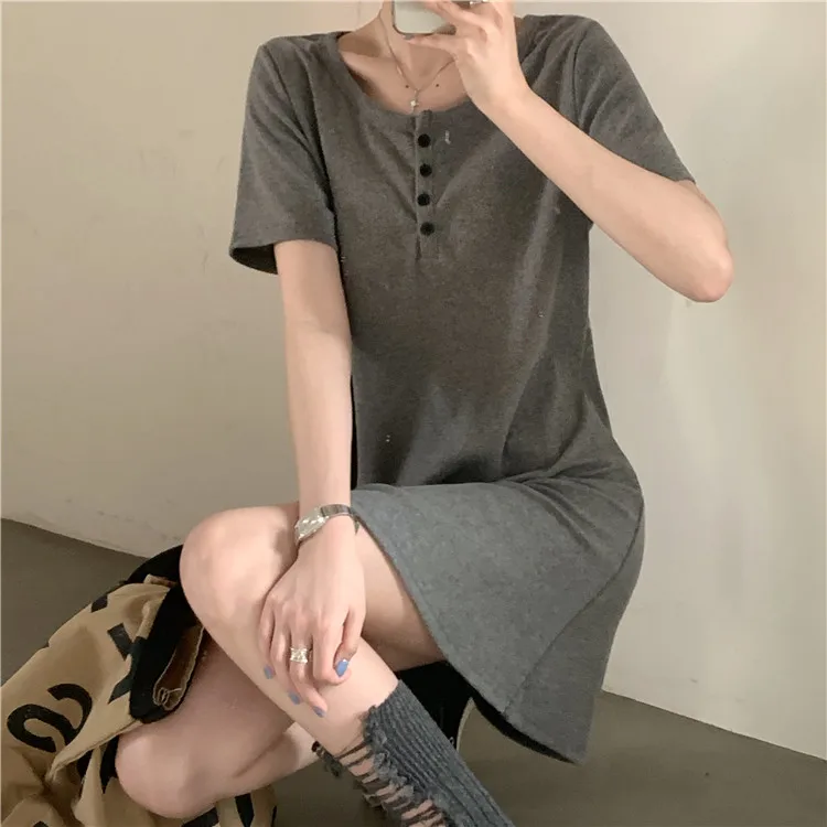 

COIGARSAM Short Sleeve Women dress Dresses Gray Black Stripe 93366