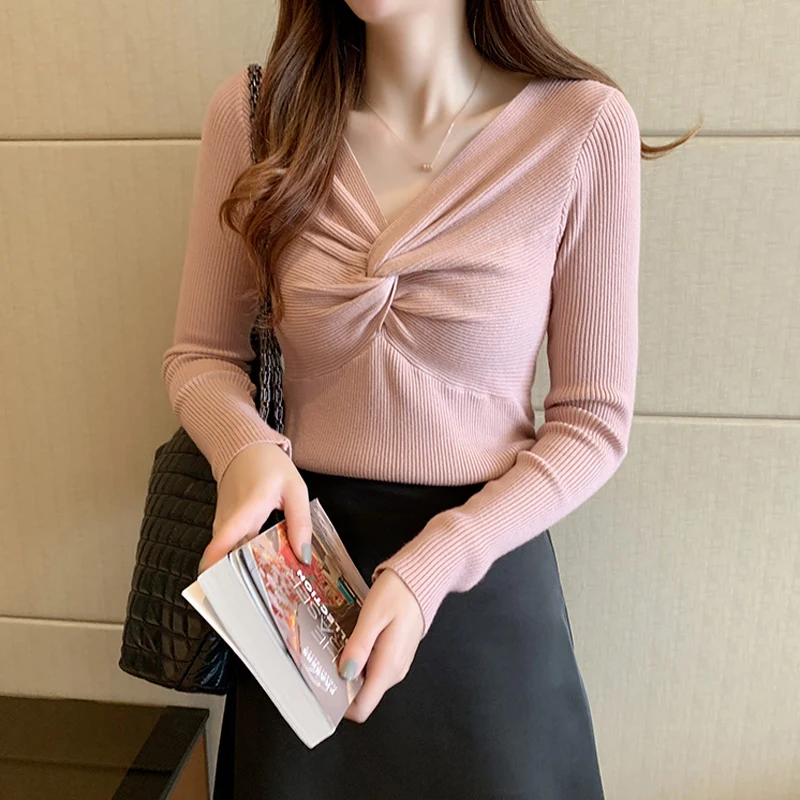 Сексуальный женский свитер JMPRS с V-образным вырезом модный вязаный пуловер