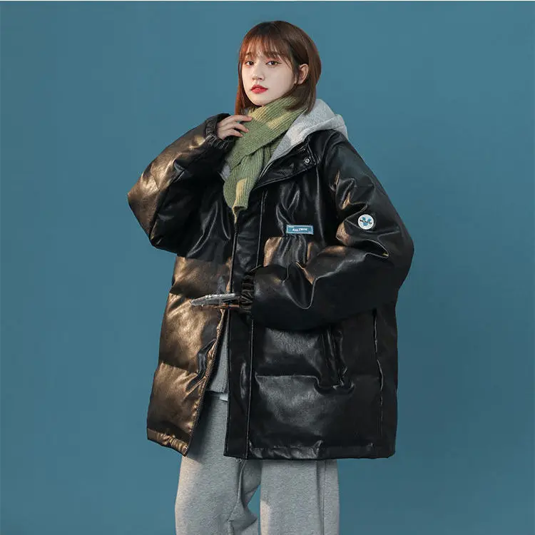 Down Jacket Autumn and Winter New Style Leather Loose Simple Hong Kong Style Wild Korean Pure Color Hooded Cotton Jacket