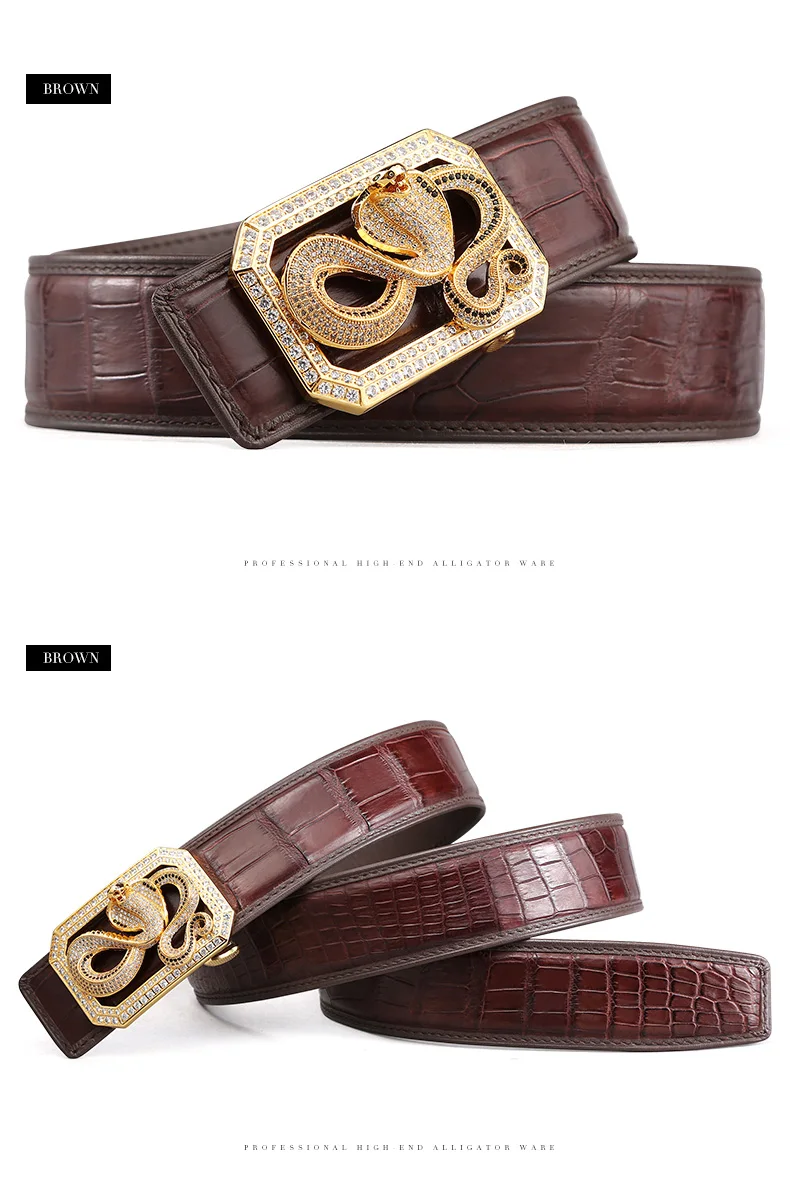 McParko Crocodile Belt Mens Leather Belts With Buckle Luxury Animal Design Genuine Leather Waist Belt with rhinestones Buckle