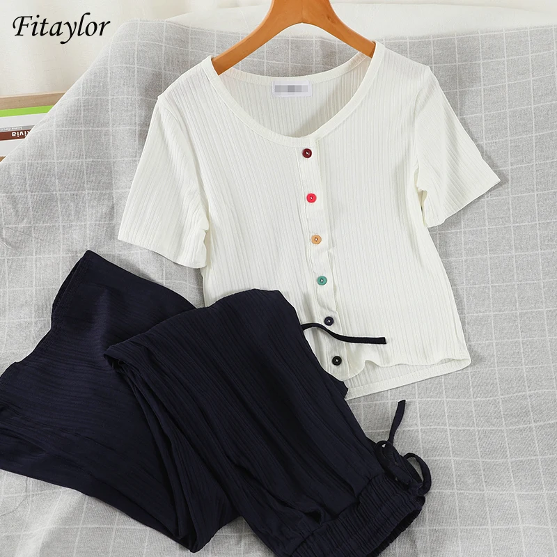 

Fitaylor 2021, летний женский костюм, Повседневный, с коротким рукавом, с цветной пуговицей, Белый Топ, длина по щиколотку, штаны с поясом, с эластич...