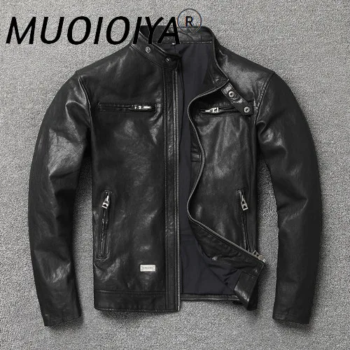 

MUOIOYIA Vintage Genuine Leather Jacket Men Spring Autumn Goatskin Learher Coats Motorcycle Jacket for Men Style 2022 KJ6652