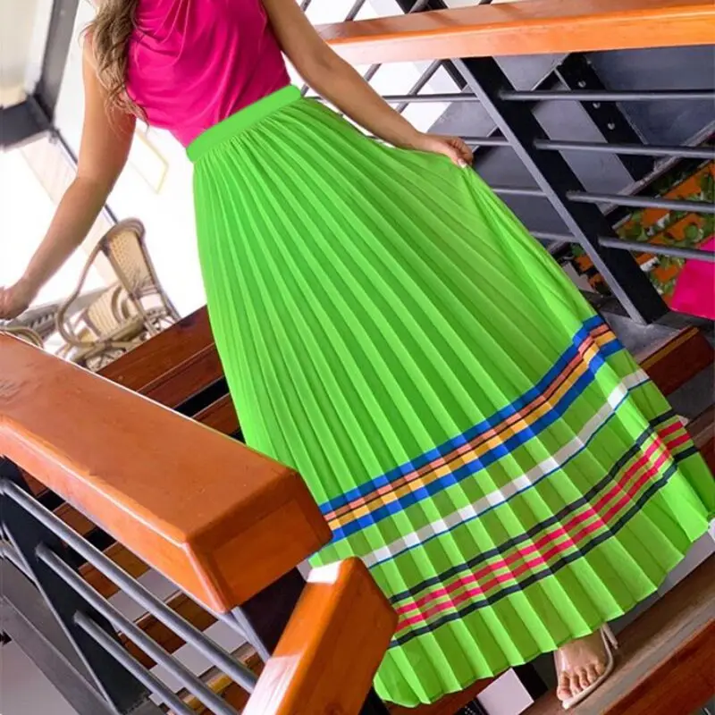 

BAMBOOBOY Summer New Women's Fashion Chic Bright Color Elastic Holiday Casual High Waist A Line Pleated Skirt FC547