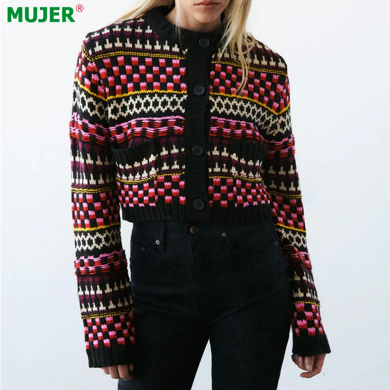 

Женский вязаный жаккардовый кардиган Za, винтажный Свитер оверсайз с длинным рукавом, осень 2021