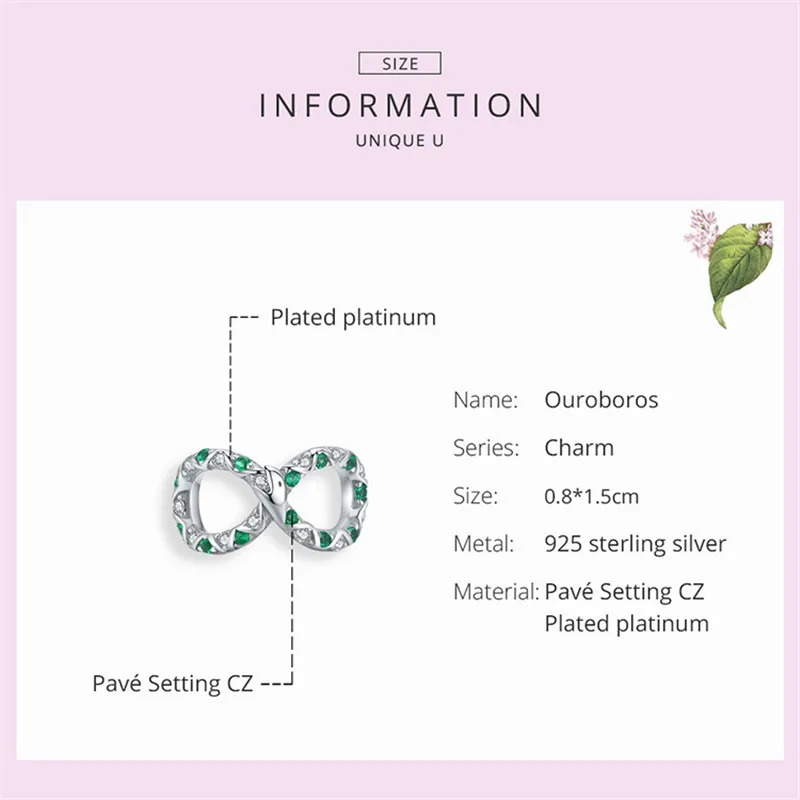 Fit браслет в европейском стиле Silver 925 Original Infinite Love Green CZ бусины с имитацией змеиной