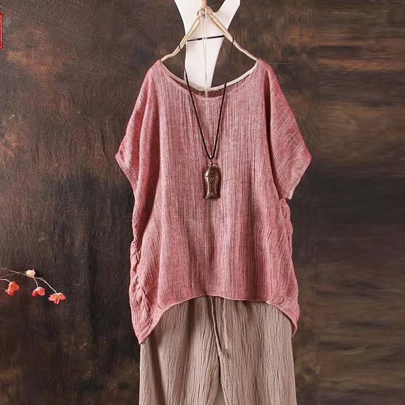 

Summer Women Retro O Neck Batwing Sleeve Baggy Party Cotton Linen Top Loose Solid Blouse Casual Shirt