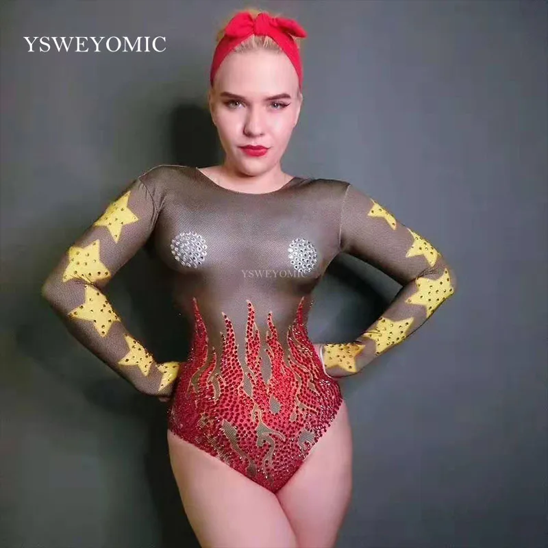 3D сексуальный огонь узор камни трико костюм певец танцор сексуальное Стразы боди