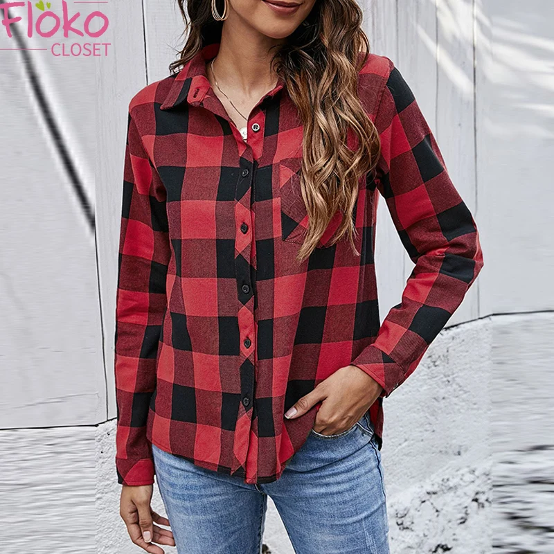 

Flokocloset Plaid Long Sleeve Button Up Shirts Autumn Spring Office Lady 2021 Loose Casual Turn-down Collar Tops