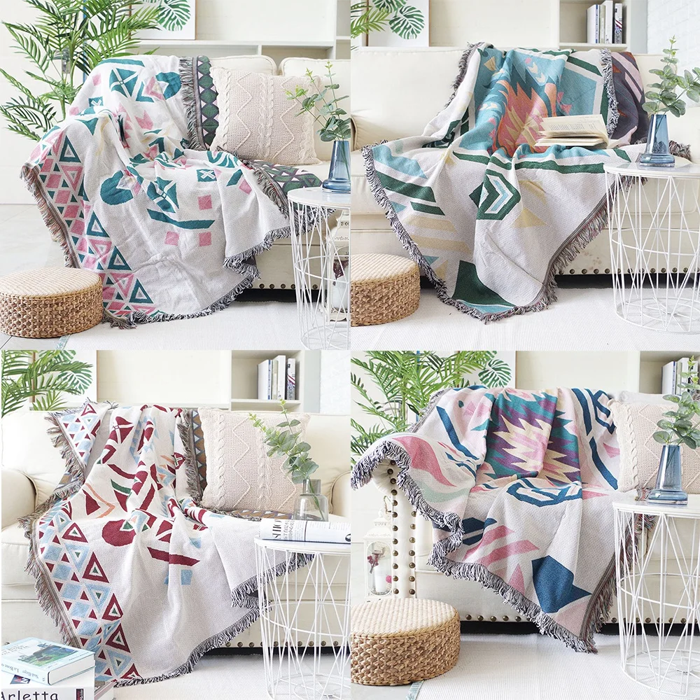 

4 Style Geometric Sofa Blanket ,non Slip Sofa Cover,Double Sided Slipcover Protector with Tassels,Cotton Woven Throw Blanket