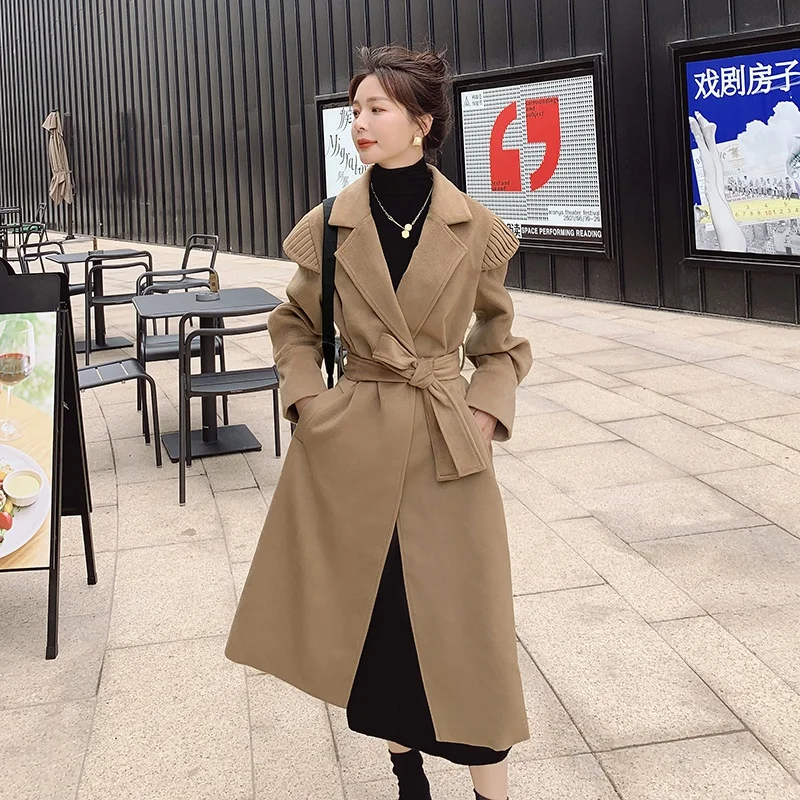 

Winter Camel Woolen Coat Female Korean Long Fashion Jacket Temperament Shoulder Knitting Design Sense Casual Loose Ladies Cloak