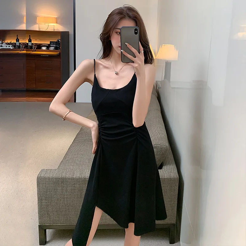 

Women Long Dress Summer Sexy Backless Casual Gray Black Ruched Slip Sundresses 2021 for Female Irregular Woman Dress Clothing