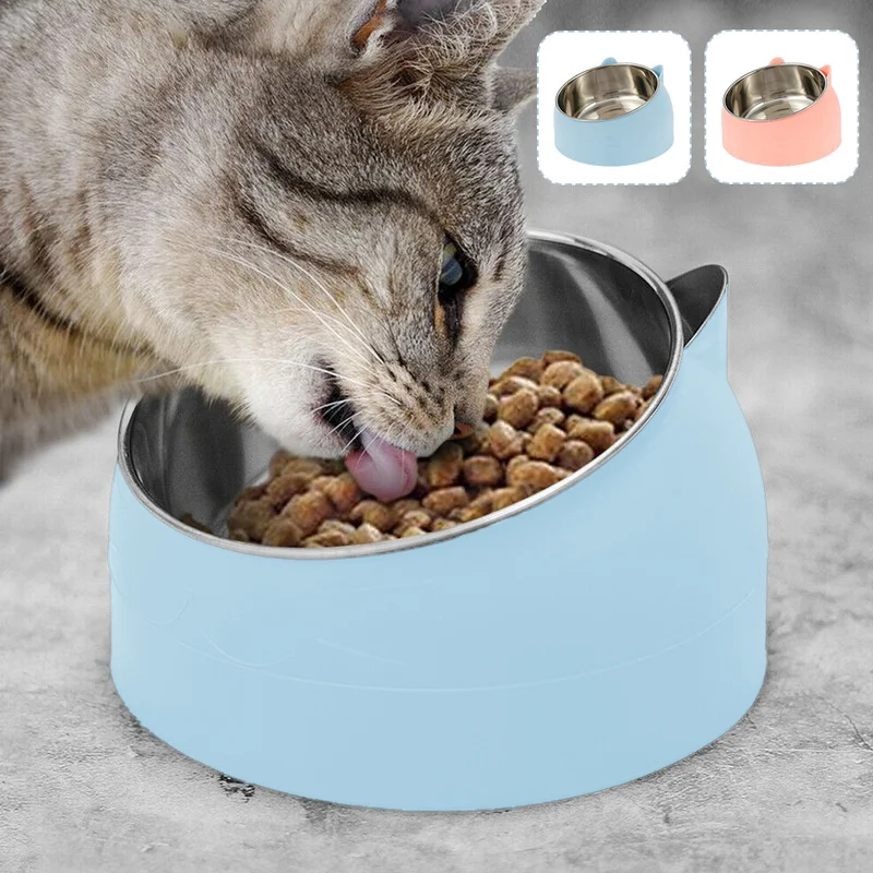 

Cute Cat Dog Bowl Stainless Steel 15 Degree Tilted Protect Cervical Spine Kitten Puppy Food Round Bowls Pets Supplies