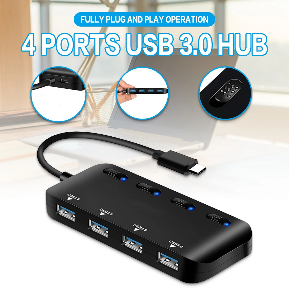 

Portable 4 Ports USB 3.0 Hub Adapter 5Gbps High Speed Slim Compact Expansion Adapter Smart Splitter For PC Laptop