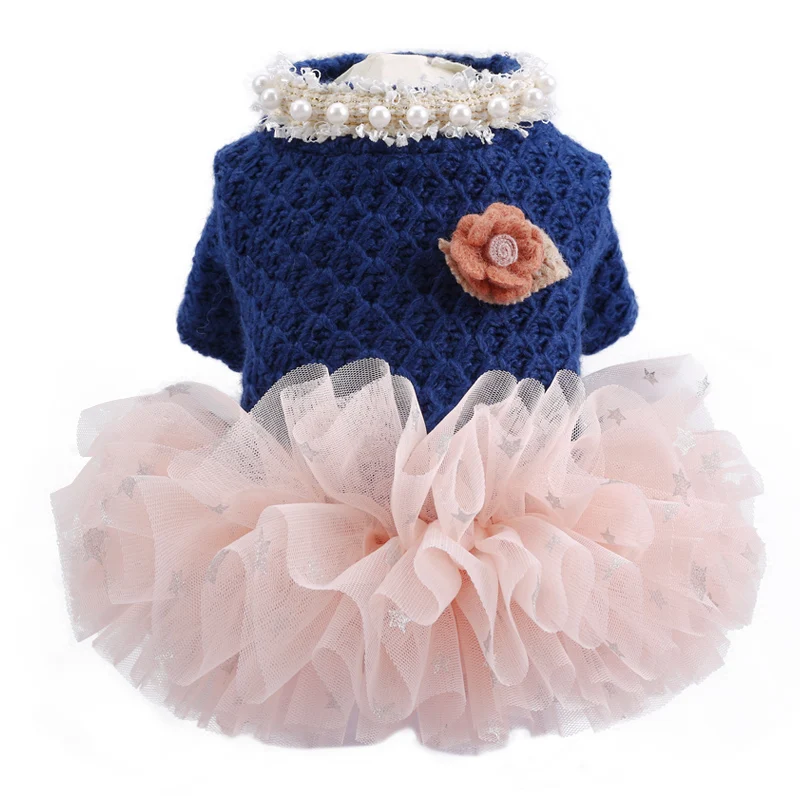 

NEW Autumn Dresses for Dogs Teddy Cat Skirt Tulle Princess Pearl Flower Decor Party Costume XS S M L XL