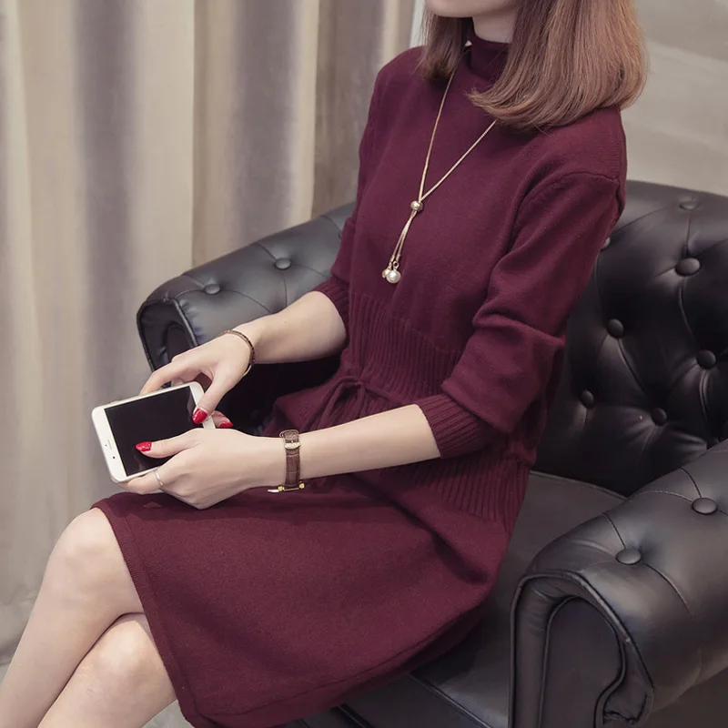 

Womens 2020 Autumn and Winter New Fashion Turtleneck Pullovers Dress Casual Knitted Thick Warm Long section Sweaters Female