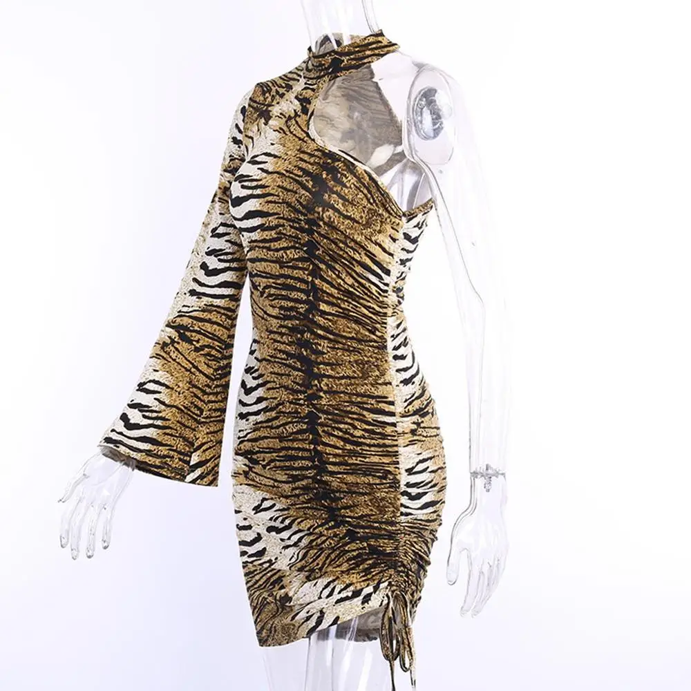 Женское облегающее платье в полоску с тигром одним рукавом модель 2020 года Новое