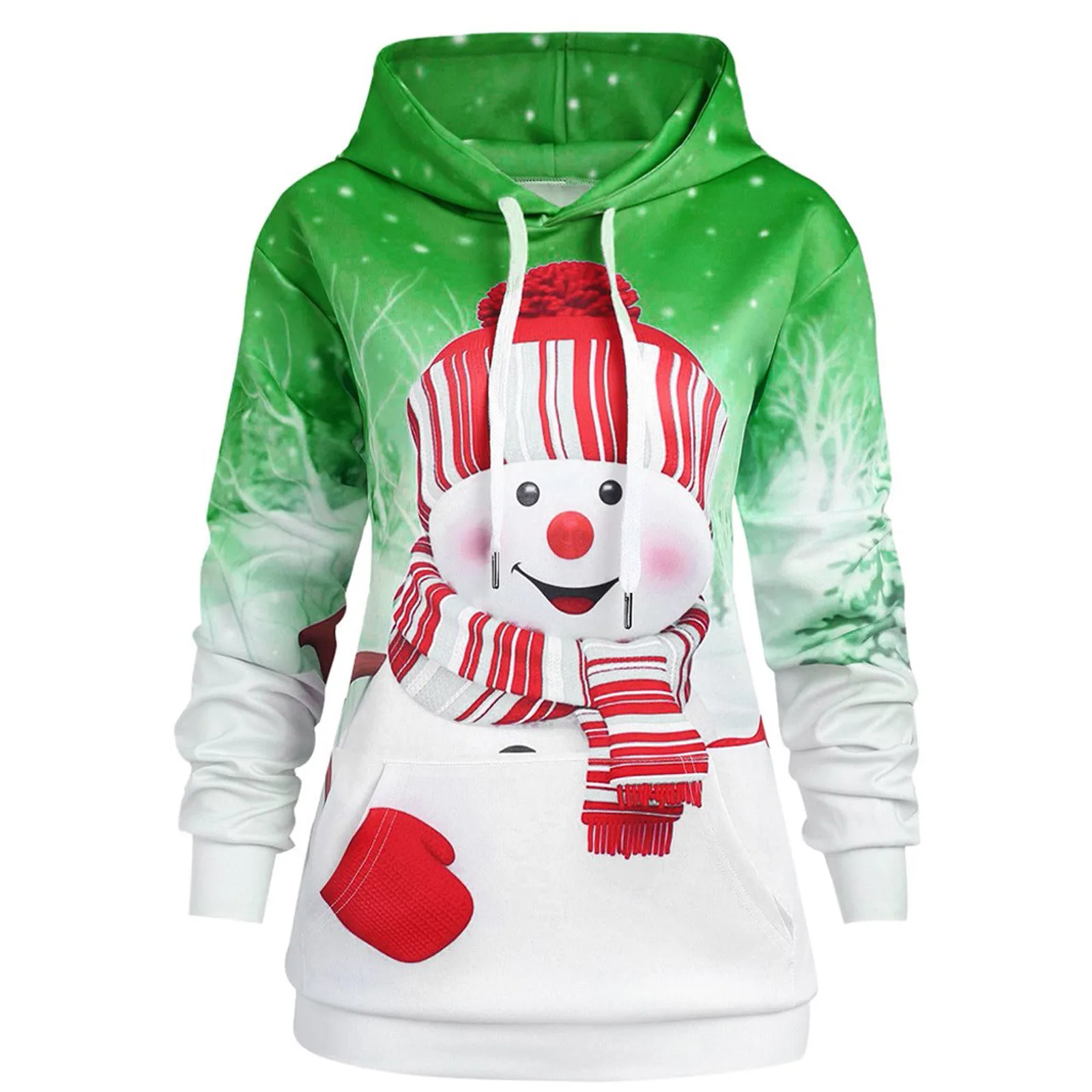 Women Long Hoodie Christmas Cute Cartoon Snowman Print Sweatshirt  Big Pocket Pullover Autumn Winter Warm Pullover Tops