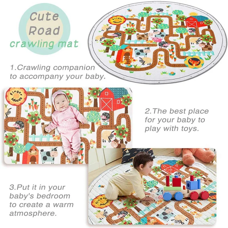 

Baby Play Mat Round Washable Nursery Rug Non-Slip Cotton Gym Play Mat Toy Organizer Storage Drawstring Bag Foldable Crawling Mat