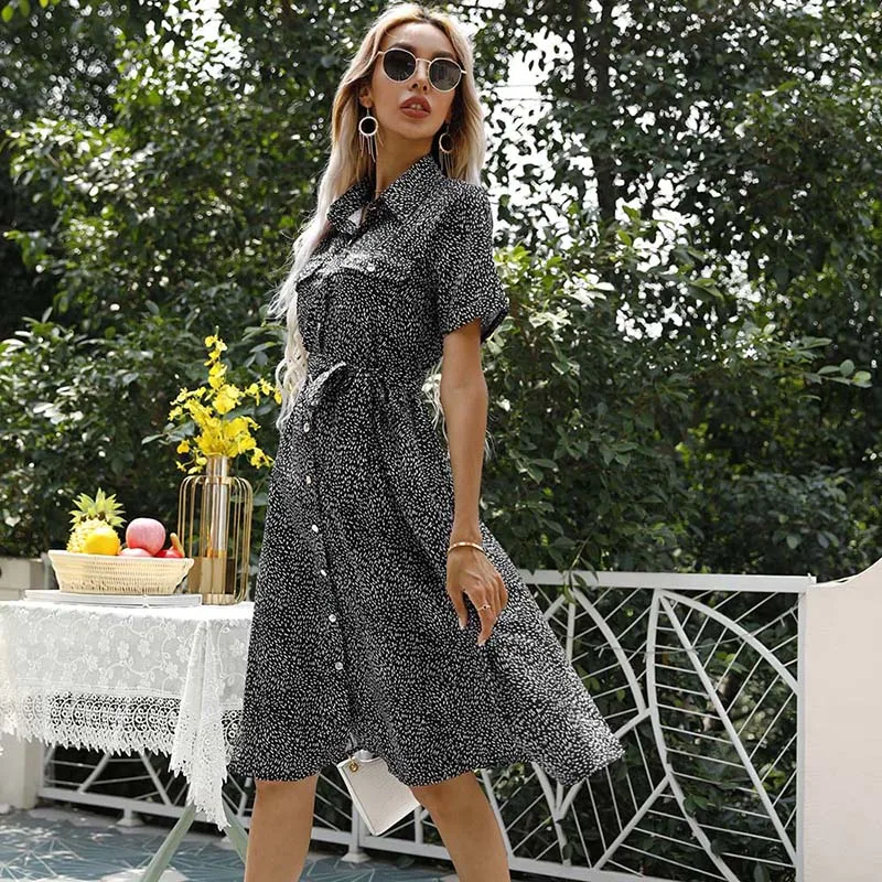 

Sale Street Style Casual Sashes A-line Knee-length Dress Small Floral Print Short Sleeve Turn-down Collar Single Breasted Dress