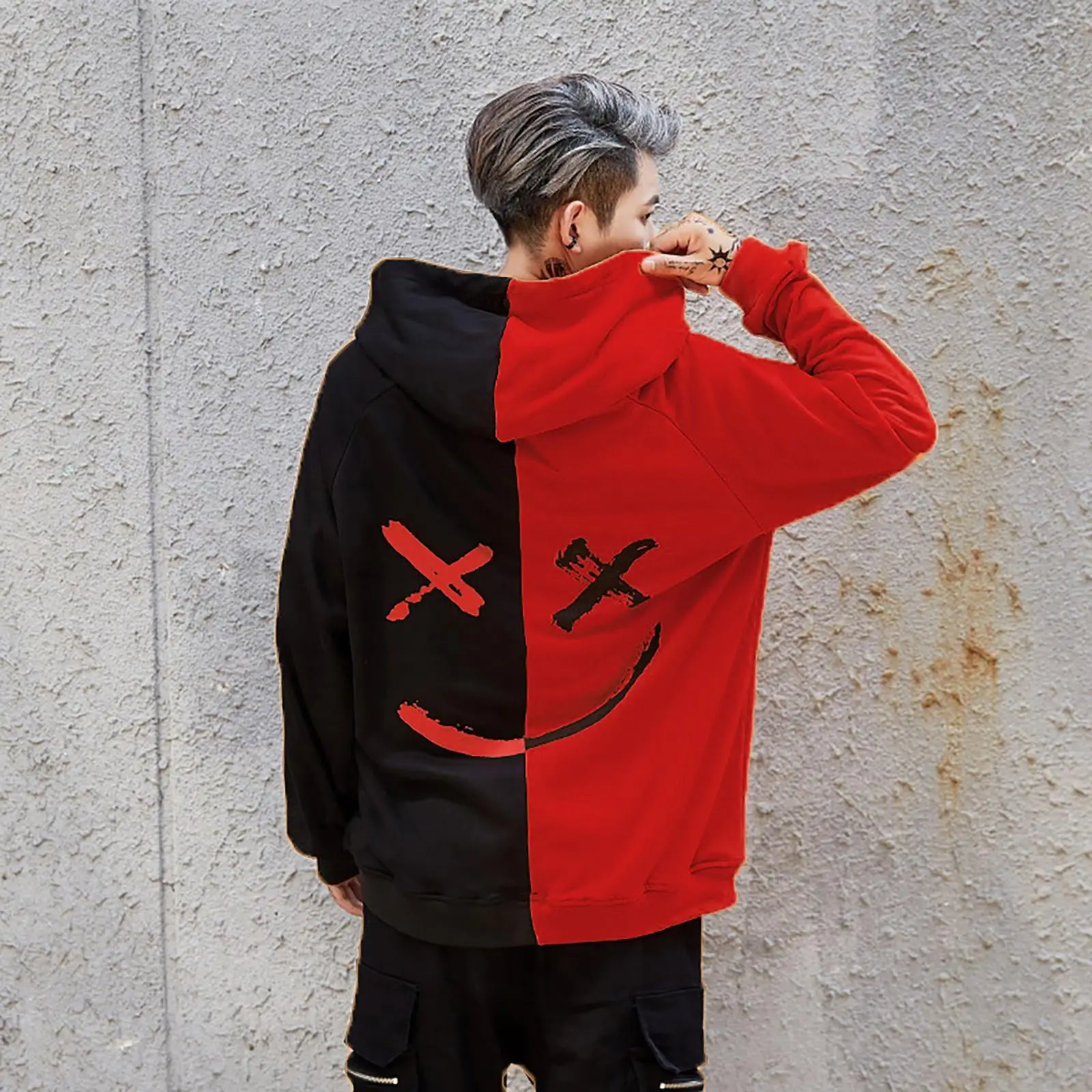 

Men Hip Hop Hoodies Spring Autumn Hooded Tops Loose Casual Color Blocking Long Sleeve Sports Sweatshirt High Street