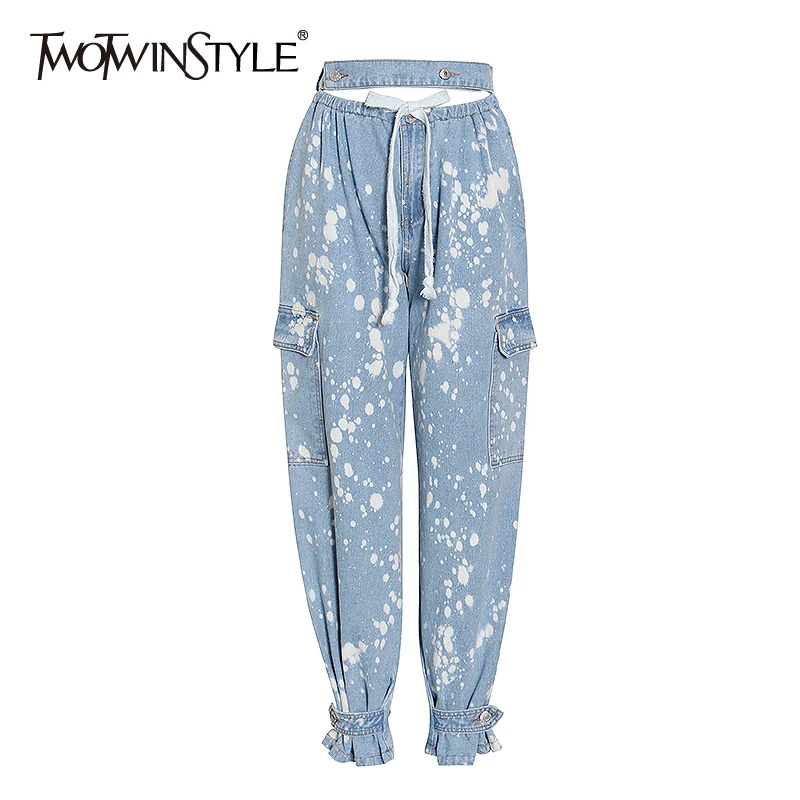 

TWOTWINSTYLE Hollow Out Tie Dye Wide Leg Pants For Women High Waist Patchwork Hit Color Casual Jeans Female 2020 Summer New Tide
