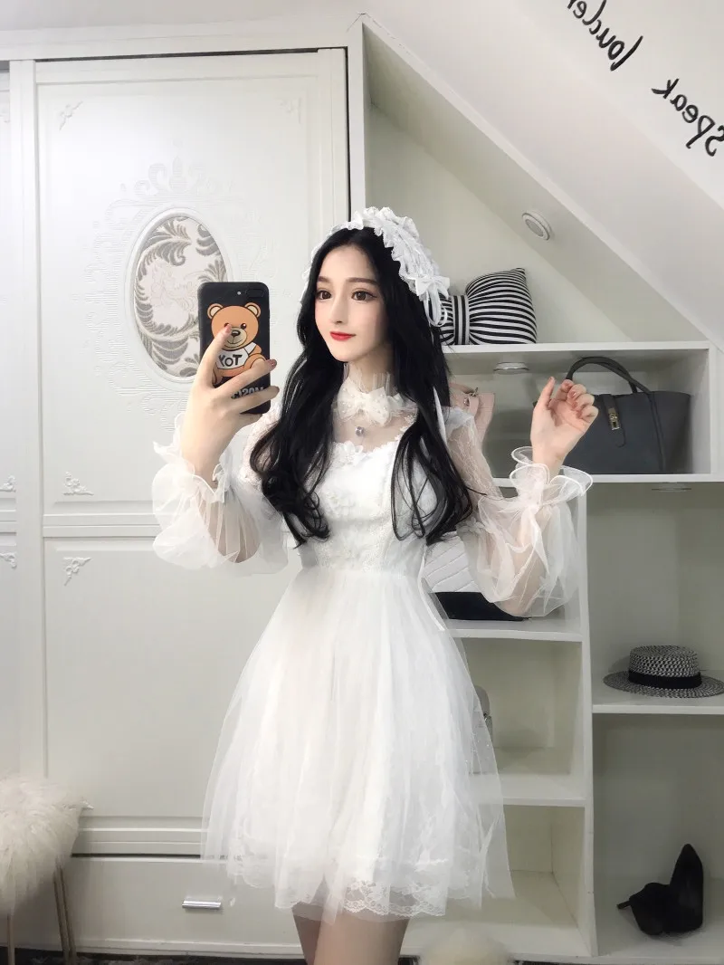 Women Elegant White Black Lace Mesh Party Dress Sweet Puff Sleeve Ball Gown Mini Turtleneck Cute Fairy Vestidos | Женская одежда