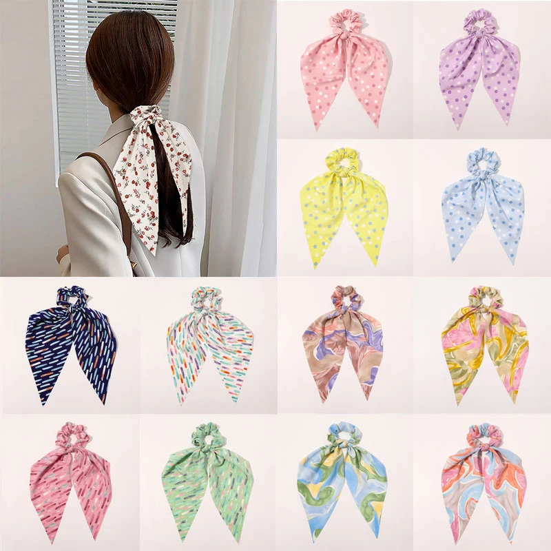 

Long Ribbon Ponytail Hair Scarf Cashew Flowers Tie-dye Hair Rope Elastic Hair Bands Floral Print Scrunchies For Girls