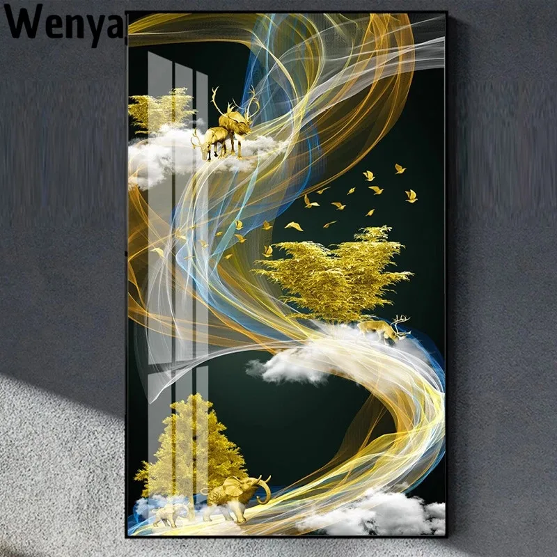 

Harry Style Canvas Abstract Painting Golden Line Deer And Clouds Painting Tree Poster Print Wall Art Picture Home Decoration