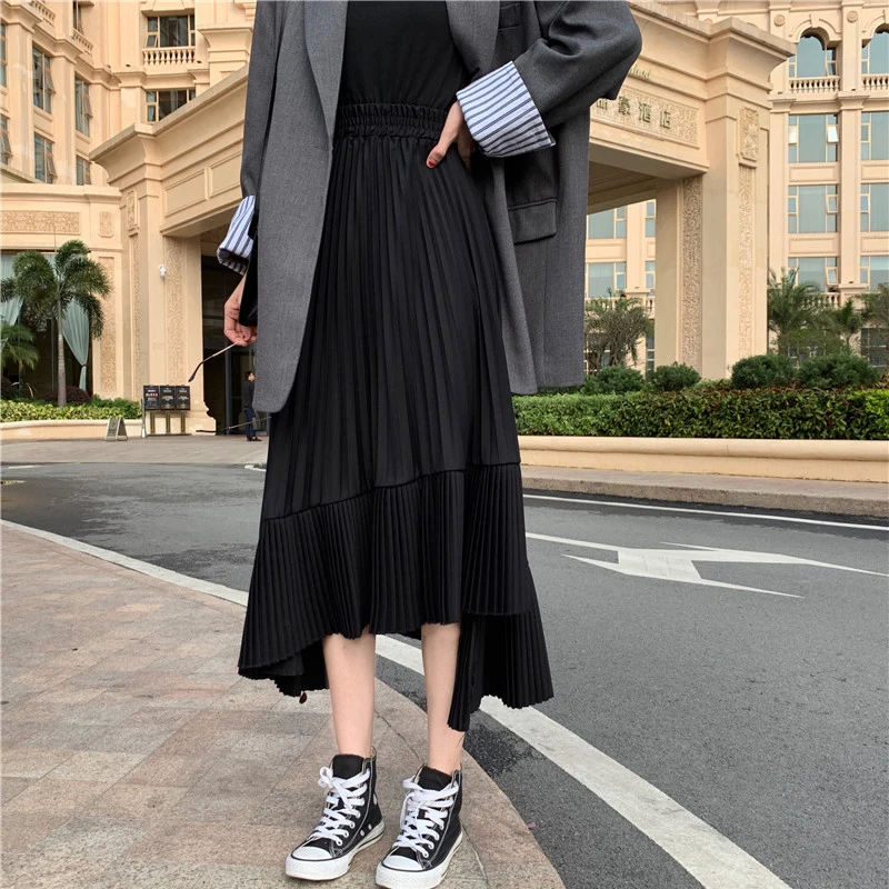 

Women Elastic Plus Size Ruffles Korean Vintage Harajuku Long Skirts Fashion Solid Chiffon Pleated Autumn High Waist Midi Skirt