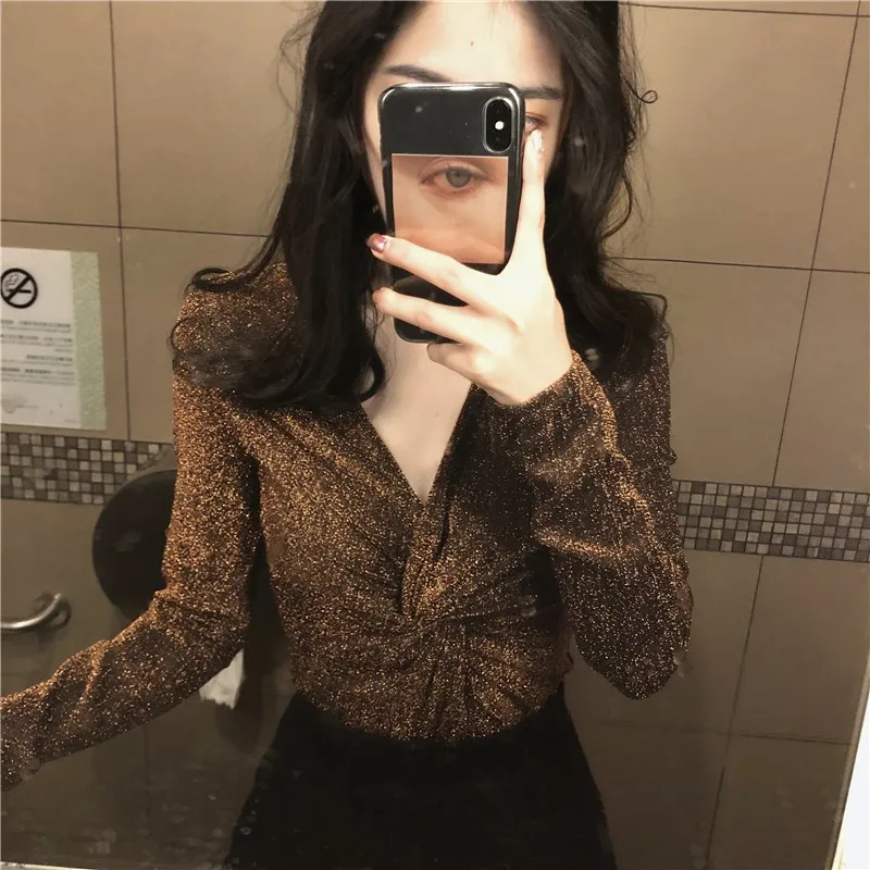 Новинка осени 2019 приталенная рубашка с v-образным вырезом и скрученным узлом