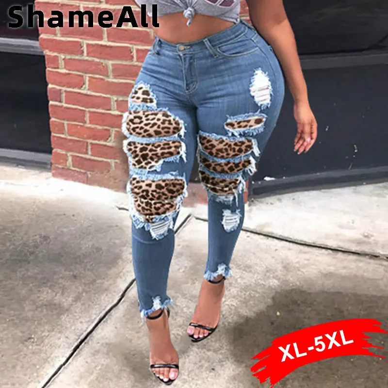 

Plus Size Sexy Leopard Patchwork Ripped Skinny Ankle Length Jeans 5XL Streetwear Vintage Stretchy Riped Baggy Indie Denim Pants