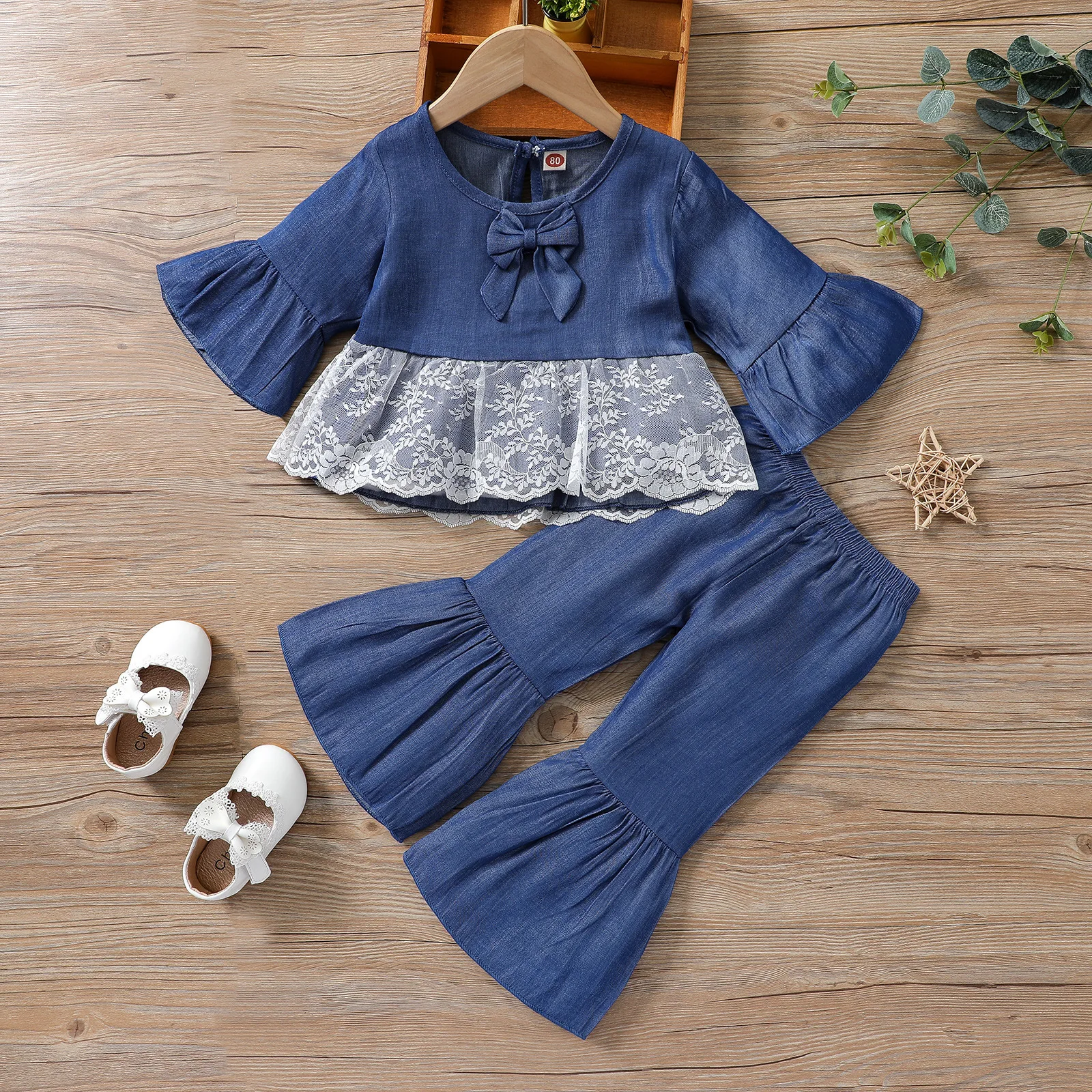

Newborn Baby Girls Clothes Sets Lace Edge Stitching Flared Ruffles Solid Long Sleeve Tops Flared Pants Trousers Outfits Clothes