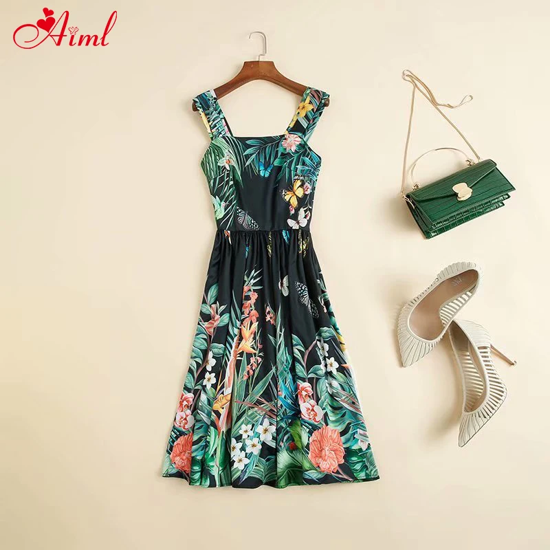 

Designer 2020 Female Summer Beach Vacation Spaghetti Strap Dress Female Elegant Flower Green Print Runway Midi Dresses New