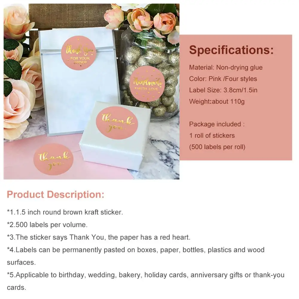500 шт./1 5 дюйма рулон розовые спасибо за наклейки с золотой фольгой Розовые для