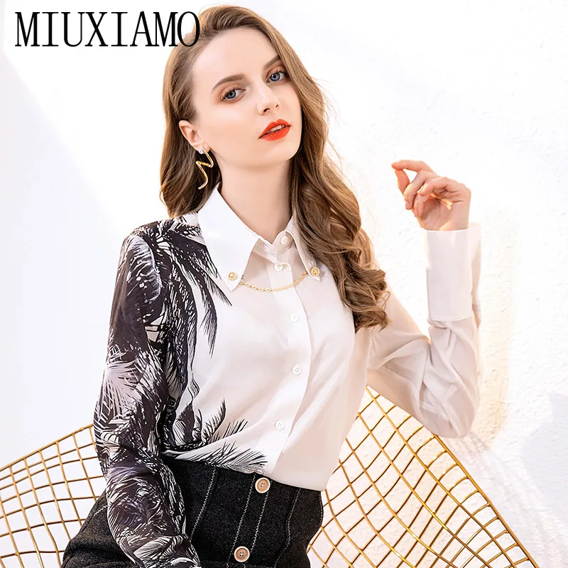 MIUXIMAO 2020 Summer 100% Silk White Shirt Blouse  Casual Style Full Sleeve Elegant Office Lady Long Sleeve Loose Tops Shirts