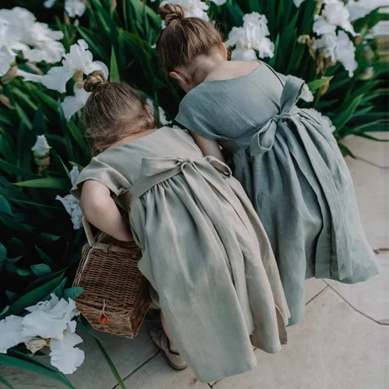 Новинка 2022 льняное платье для девочек в сельском стиле с цветами летние платья