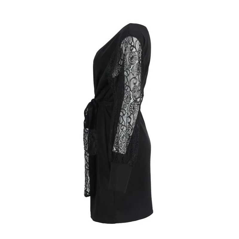 

Sexy V Neck Mesh Long Sleeve Bodycon Dress Women Hallow Out Mini Party Dress