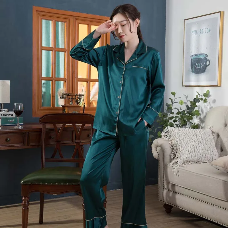 Women's Silk Pajamas Autumn And Winter Two-Piece Suit Split Long Sleeve Mulberry  Home Clothing