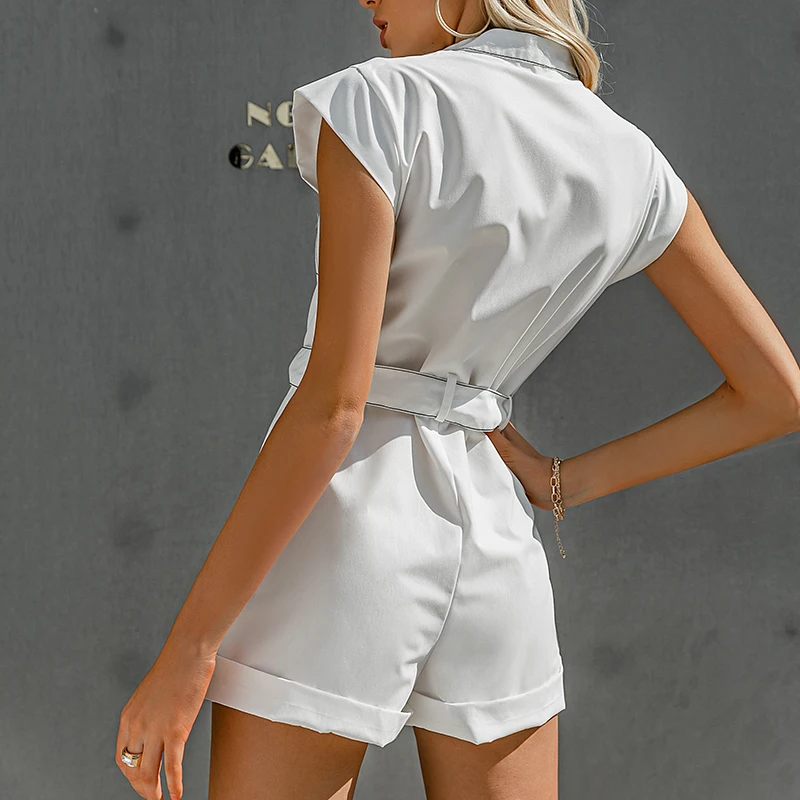

Sollinarry Casual sash belt women rompers Sleeveless buttons pockets female playsuit Spring summer elegant ladies overalls