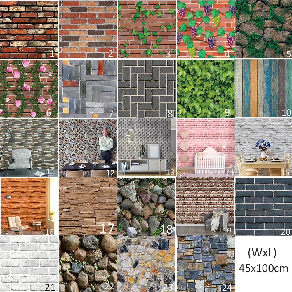 

Home Decor 3D PVC Wood Grain Brick Stone wallpaper Rustic Effect Self-adhesive Sticker Room DIY Background 45x100cm