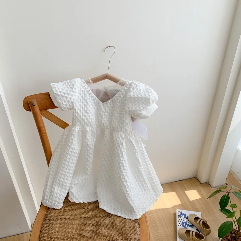 

Spring Summer 2021 New Children and Girls Bubble Short Sleeves Fluffy Tutu White Princess Dresses Kids Dance Solid Color Dress