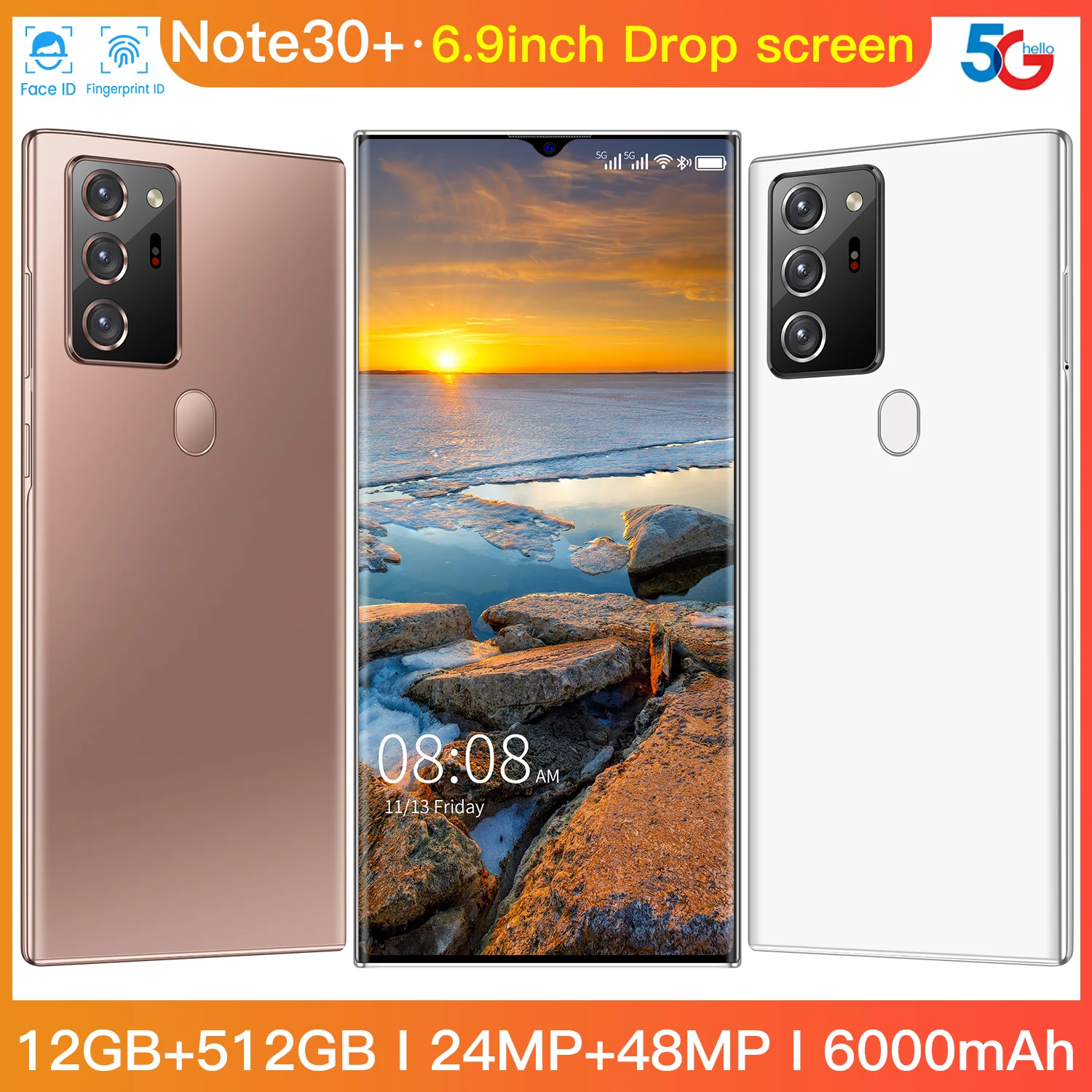 

Смартфон NOTE30 +, экран 6,9 дюйма, 12 + 512 ГБ, Android, распознавание лица/отпечатков пальцев, сотовый телефон с поддержкой двух SIM-карт, мобильные телеф...