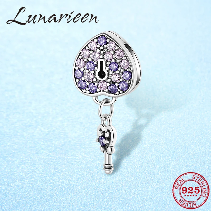 Новый 925 пробы серебряные блестящие Элегантность Фиолетовый Циркон Сердце ключ