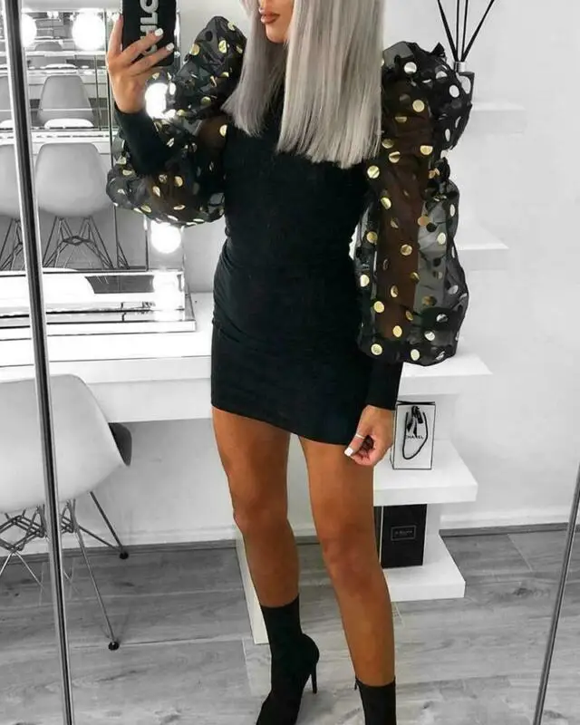 

New 2020 Women's Mesh Puff Long Sleeve Bodycon Evening Party Cocktail Clubwear Mini Dress