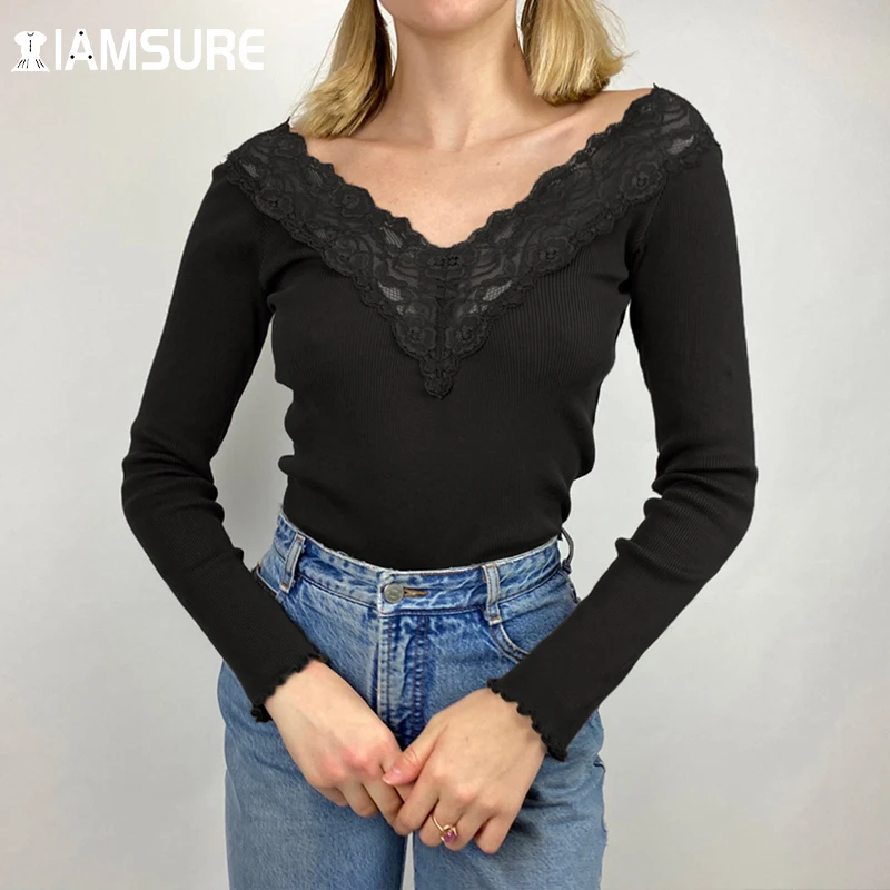

IAMSURE Basic Solid Lace Trim Patchwork T Shirt Women 2021 Autumn Spring V-Neck Ribbed Long Sleeve Tees Fashion Elegant Ladies