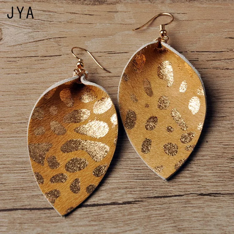 JYA серьги из натуральной кожи для женщин, серьги с натуральным пером, длинные, модные, с листом, радужные, болтаются, разные цвета, капли для ушей, осень, новинка - Окраска металла: A