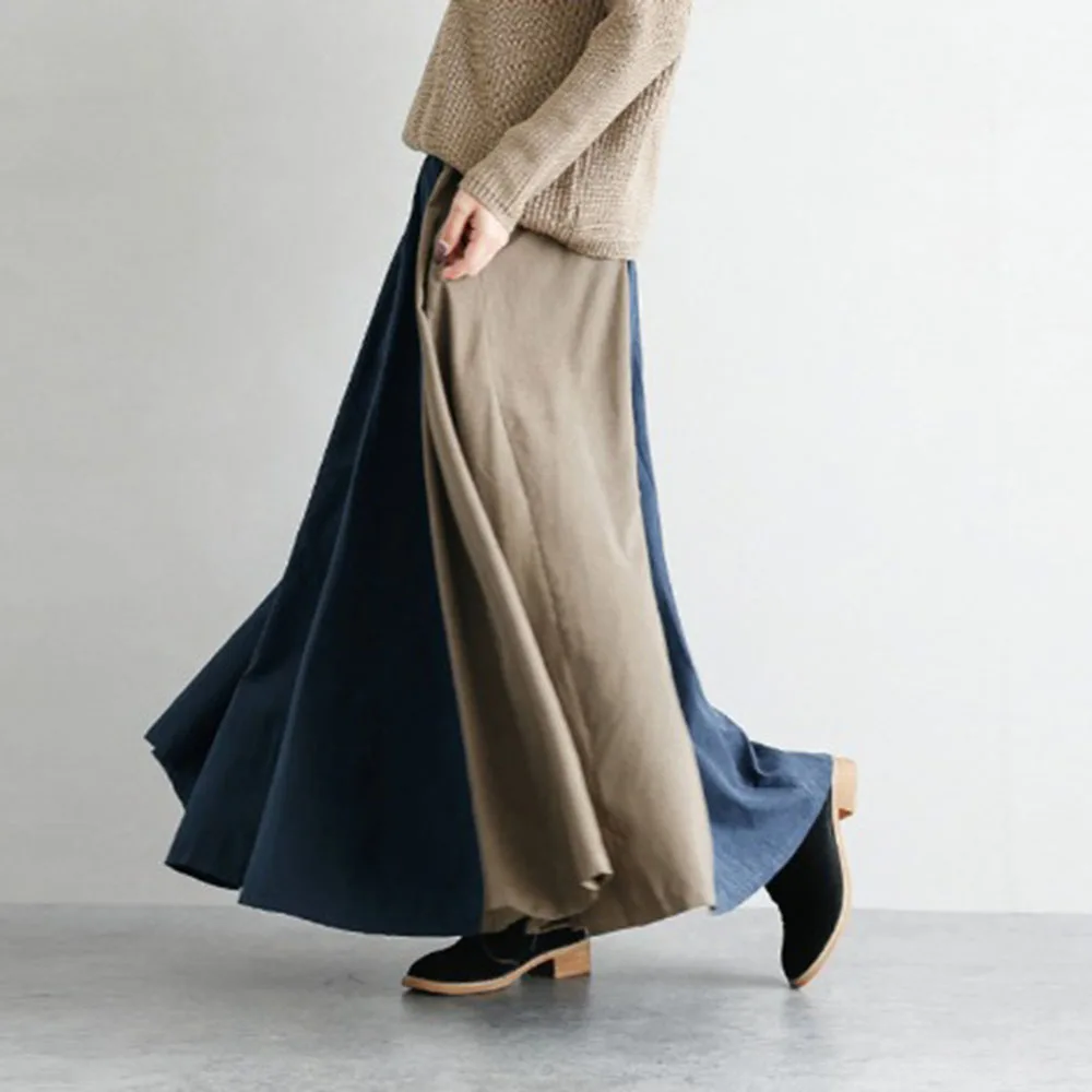 

2021 Women Fashion Elegant Long Skirt Solid Color Patchwork High Waist Japanese Minimalism Style A-line Autumn Skirt Foe Ladies