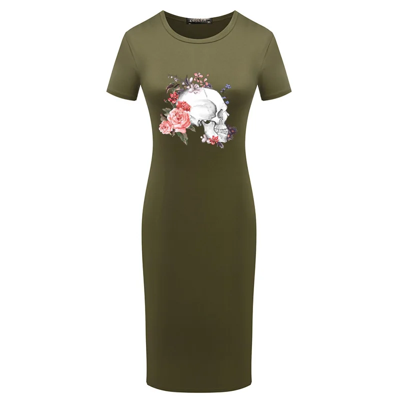 

Women Dress Summer O Neck Fashion Skull Print Mini Casual Fitted Bodycon Short Sleeve Party Pencil Dresses Femme Streetwear